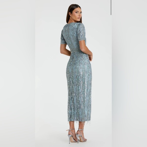 NWT | Mac Duggal Blue High Neck Short Sleeve Crystal Fringe Column Dress Size 6 - Picture 4 of 12